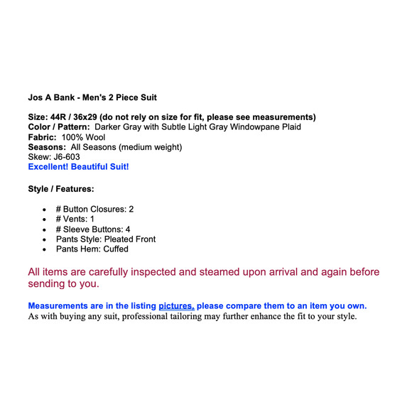 Jos A Bank Mens 44R 36x29 Gray Windowpane Plaid 2 Piece Suit Set - Picture 2 of 16